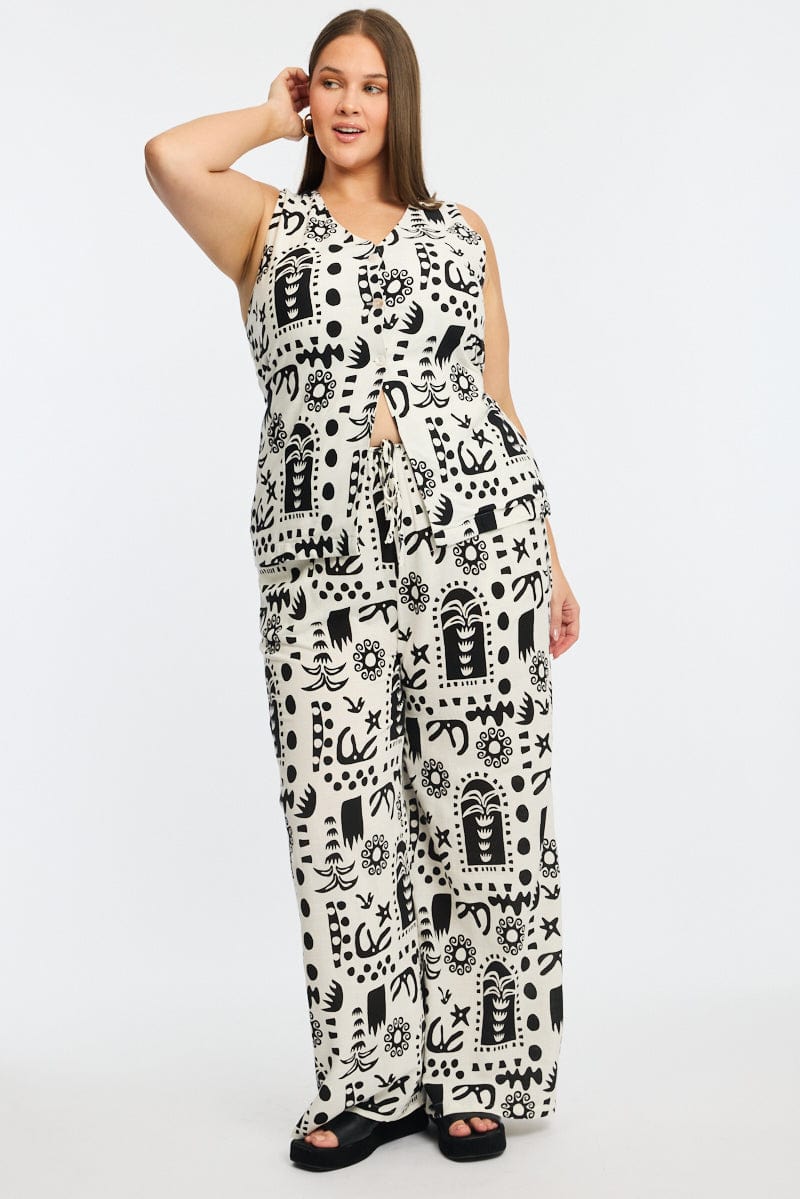 White Abstract Elastic Waist Linen Blend Wide Leg Pants