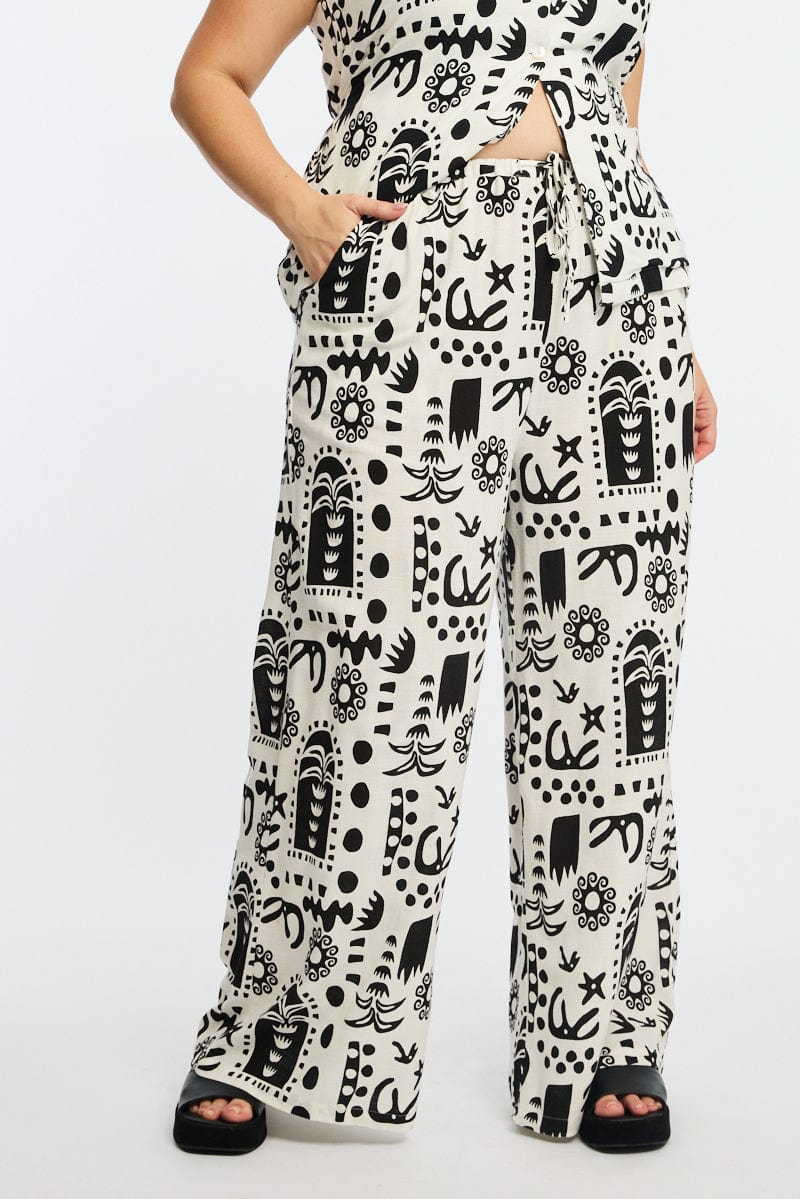 White Abstract Elastic Waist Linen Blend Wide Leg Pants