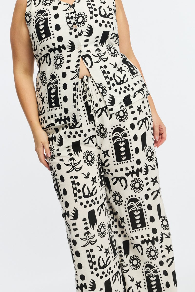 White Abstract Elastic Waist Linen Blend Wide Leg Pants