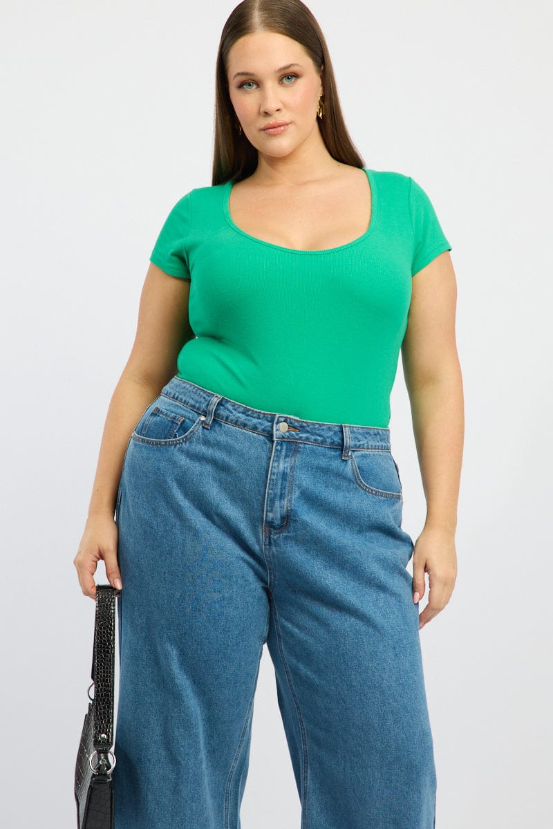 Green Bodysuit Scoop Neck Short Sleeve for YouandAll Fashion