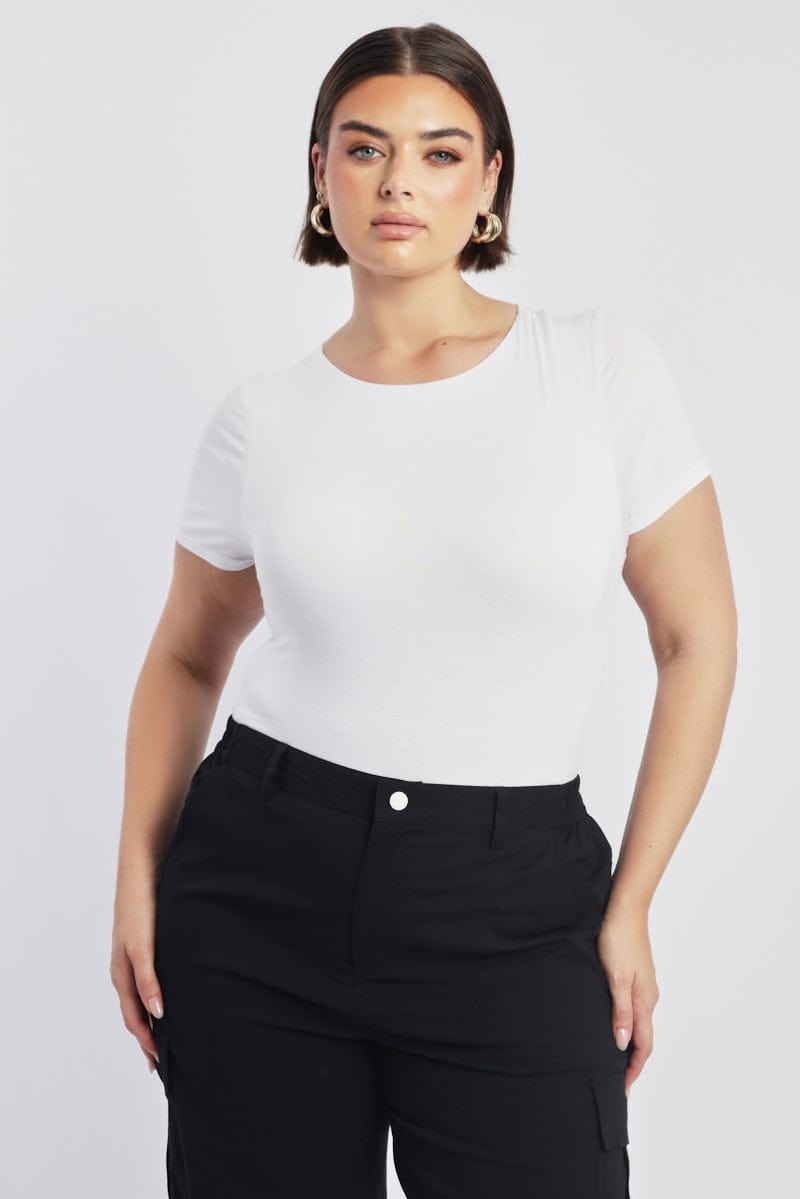 White Bodysuit Short Sleeve Crew Neck Modal for YouandAll Fashion