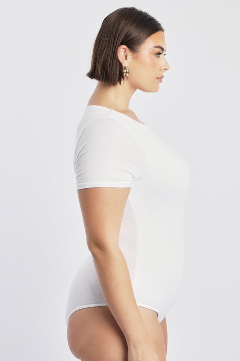 White Bodysuit Short Sleeve Crew Neck Modal for YouandAll Fashion