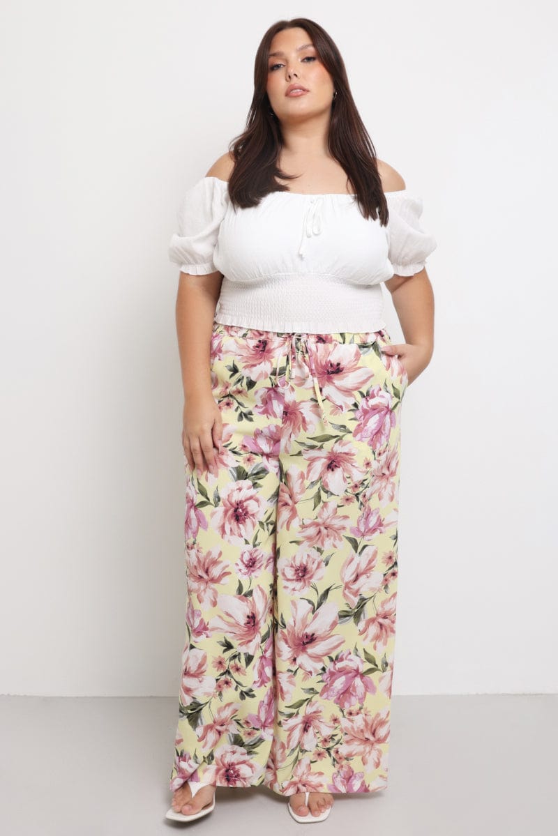 Yellow Floral Drawstring Waist Floral Wide Leg Pants for YouandAll Fashion