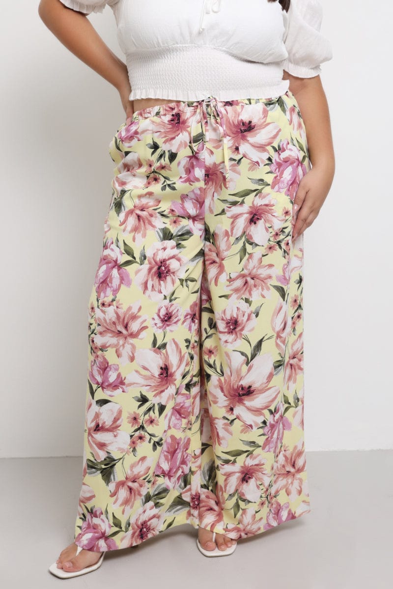 Yellow Floral Drawstring Waist Floral Wide Leg Pants for YouandAll Fashion