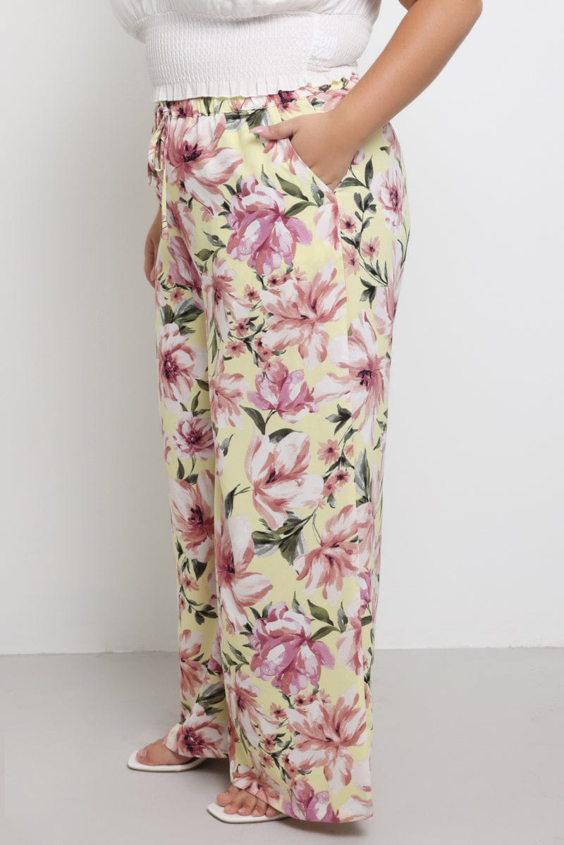 Yellow Floral Drawstring Waist Floral Wide Leg Pants for YouandAll Fashion