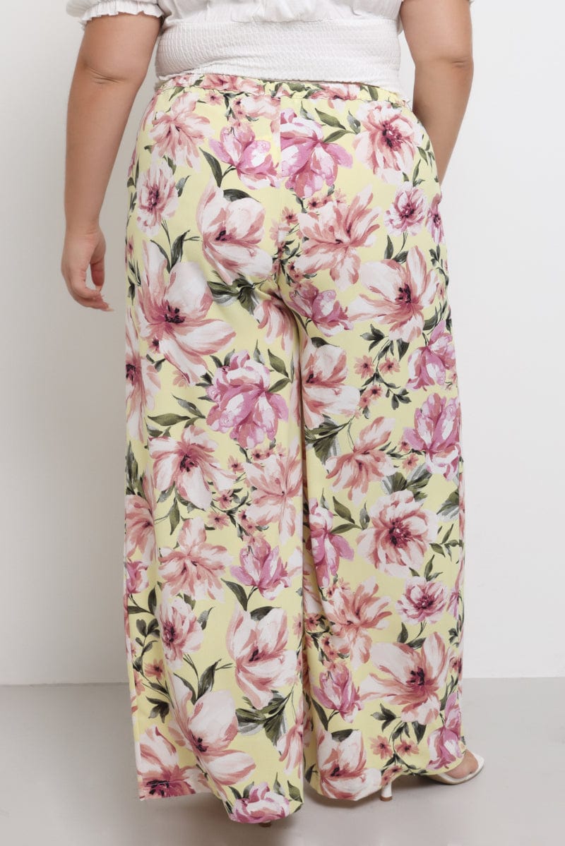 Yellow Floral Drawstring Waist Floral Wide Leg Pants for YouandAll Fashion