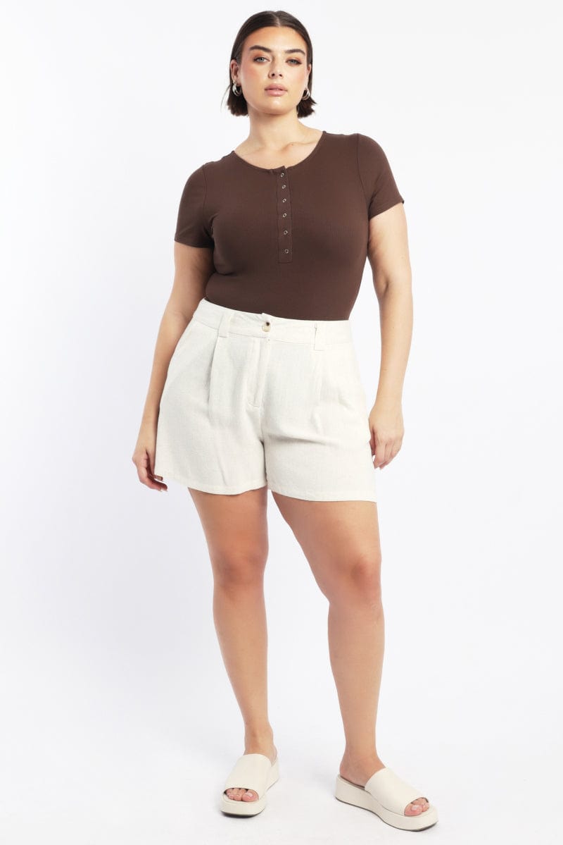 Beige Longline Tailored Linen Blend Shorts for YouandAll Fashion
