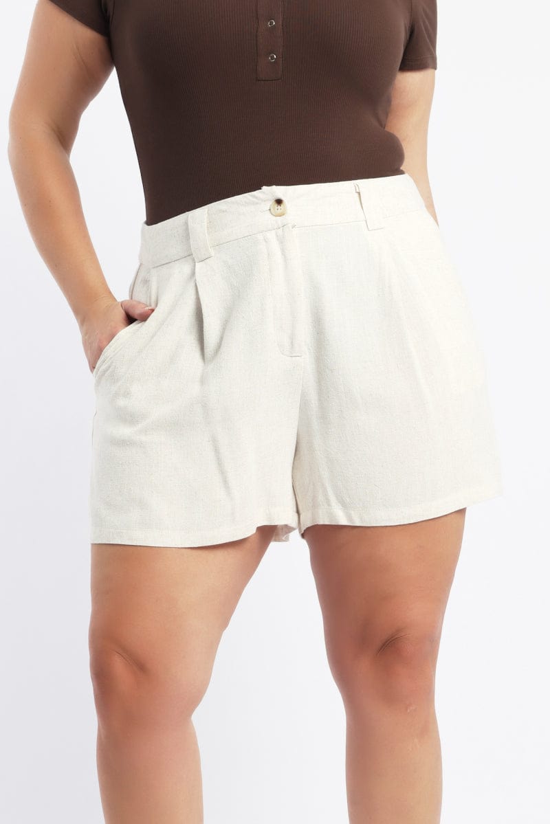 Beige Longline Tailored Linen Blend Shorts for YouandAll Fashion