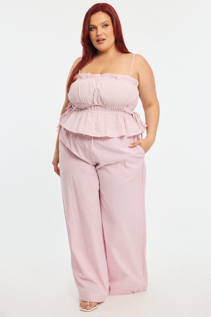 Red Stripe Wide Leg Pants Elastic Waist for YouandAll Fashion