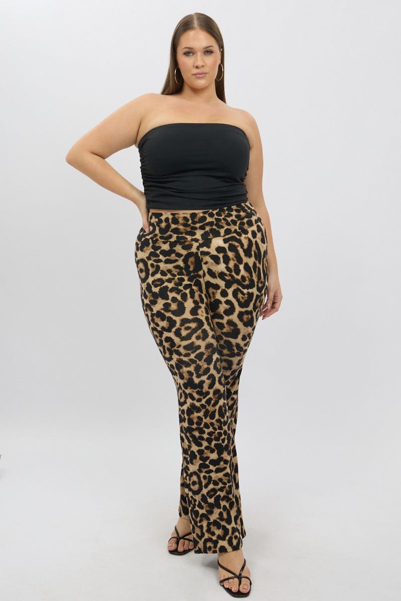 Brown Animal Print Jersey Leopard Flare Pants for YouandAll Fashion