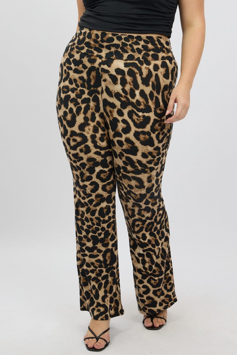Brown Animal Print Jersey Leopard Flare Pants for YouandAll Fashion