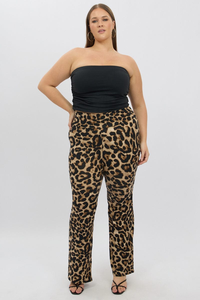 Brown Animal Print Jersey Leopard Flare Pants for YouandAll Fashion