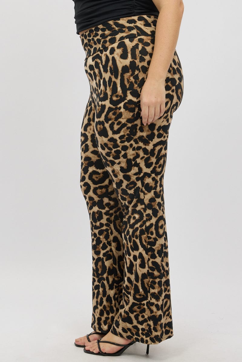 Brown Animal Print Jersey Leopard Flare Pants for YouandAll Fashion