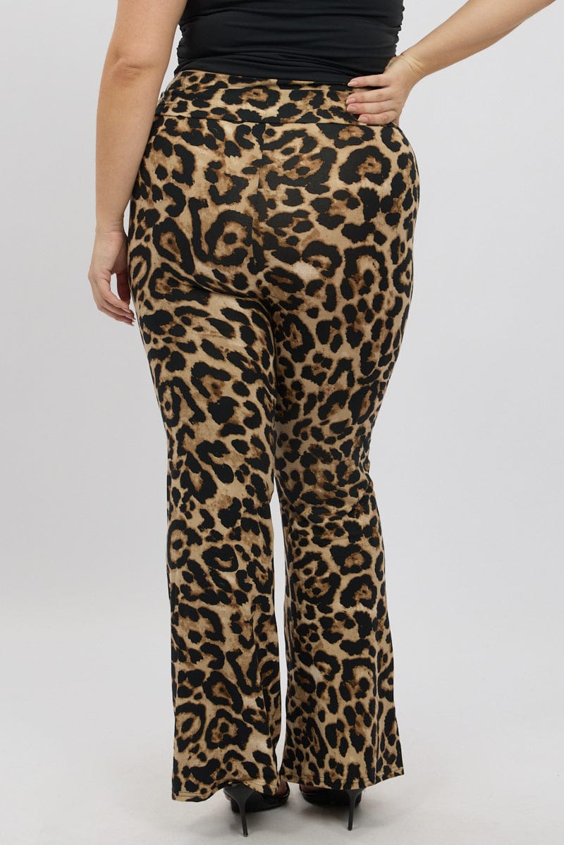 Brown Animal Print Jersey Leopard Flare Pants for YouandAll Fashion