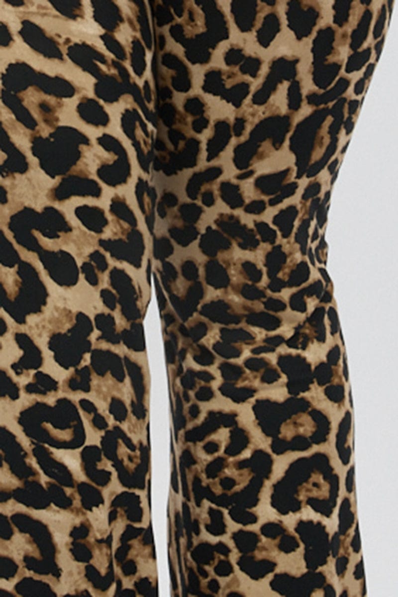 Brown Animal Print Jersey Leopard Flare Pants for YouandAll Fashion