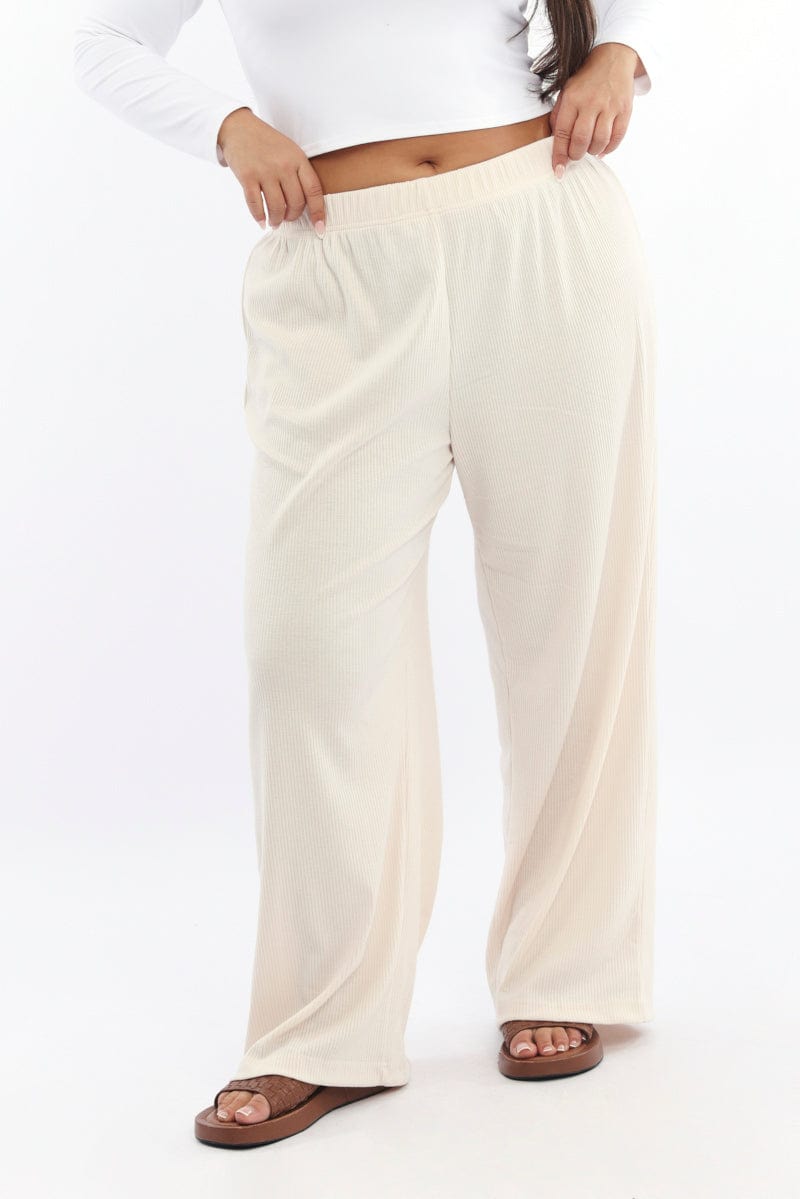 Beige Rib Jersey Wide Leg Lounge Pants for YouandAll Fashion