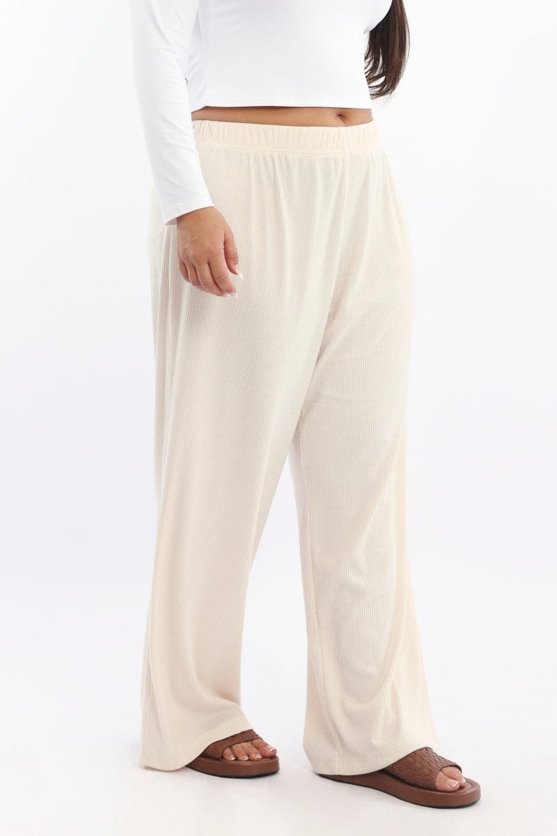 Beige Rib Jersey Wide Leg Lounge Pants for YouandAll Fashion