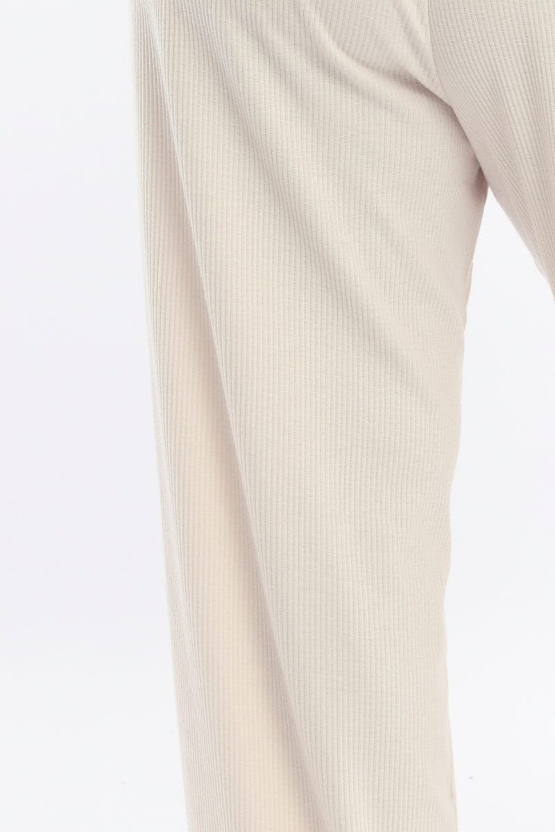 Beige Rib Jersey Wide Leg Lounge Pants for YouandAll Fashion