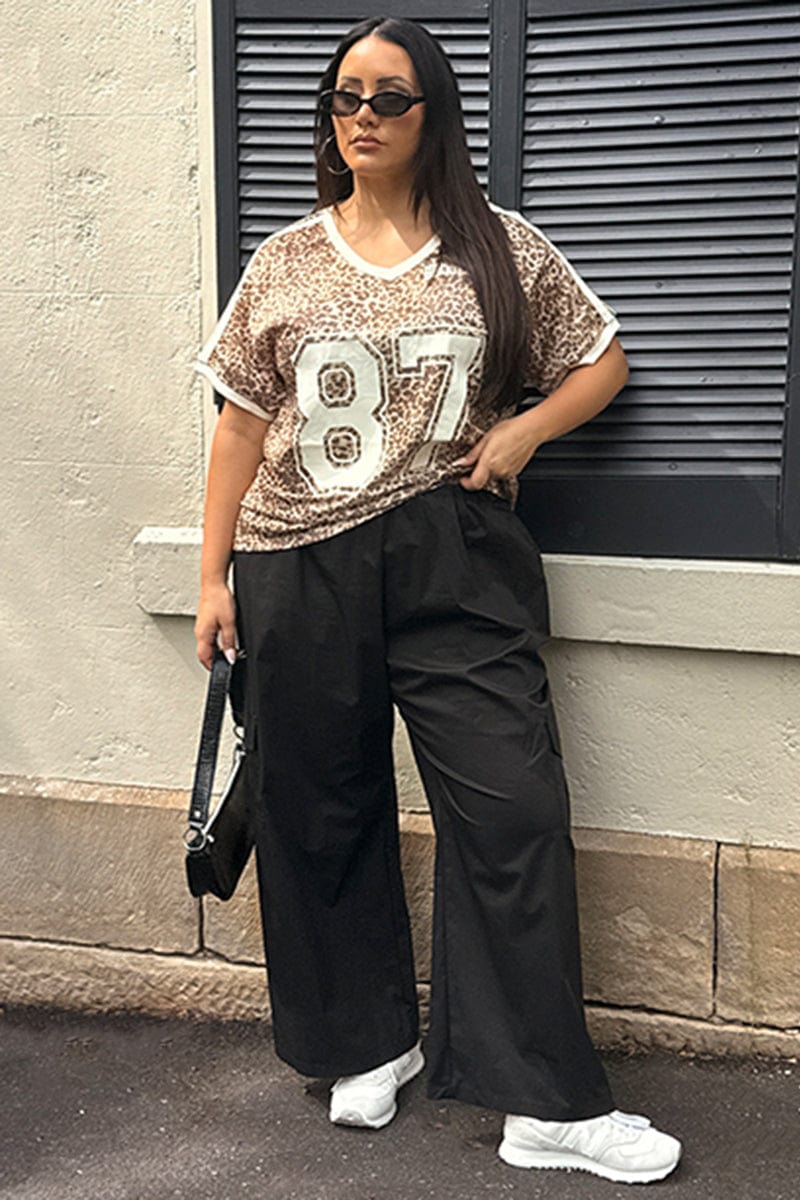 Black Elastic Waist Wide Leg Cotton Blend Cargo Pants for YouandAll Fashion