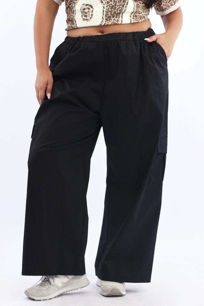 Black Elastic Waist Wide Leg Cotton Blend Cargo Pants for YouandAll Fashion