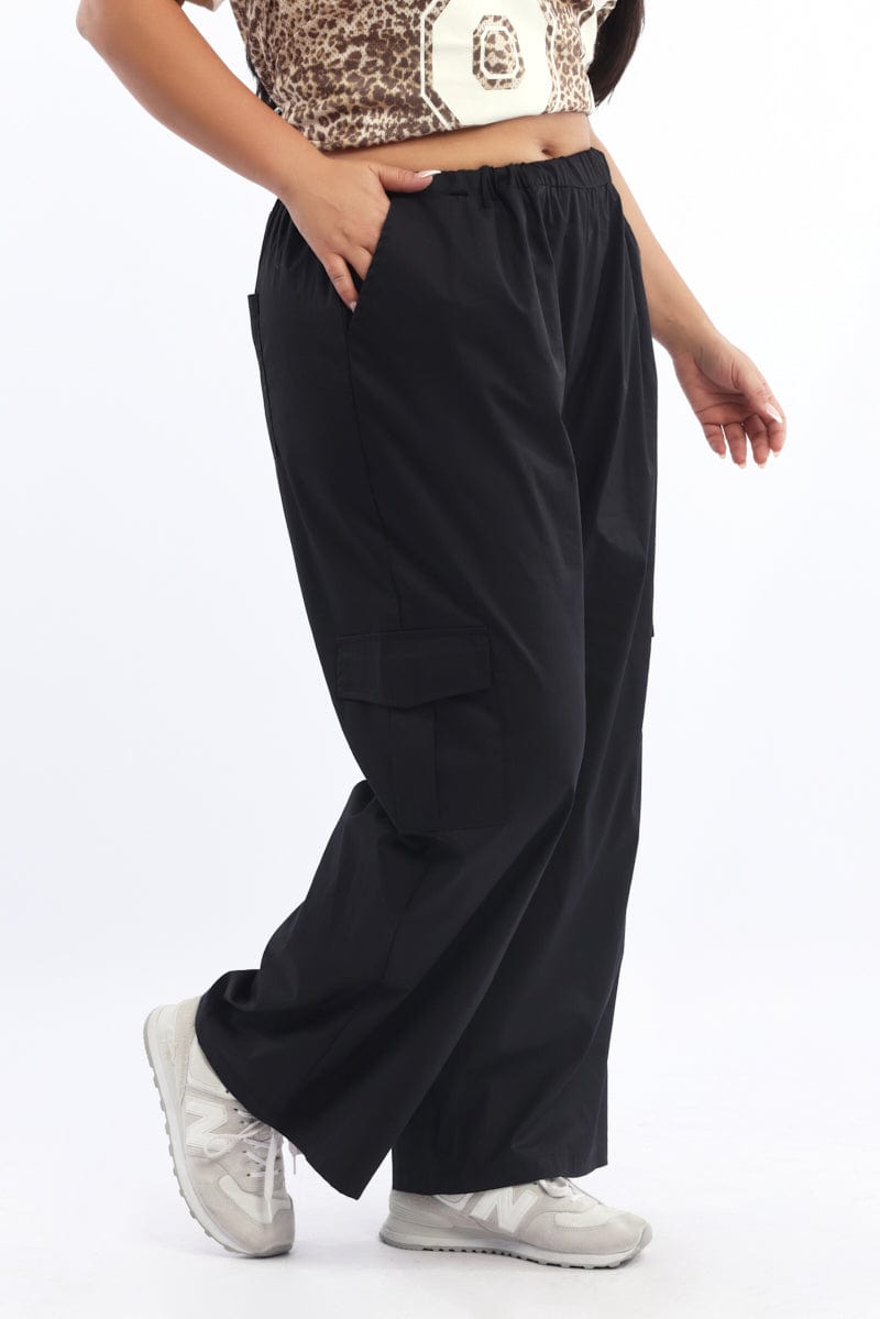 Black Elastic Waist Wide Leg Cotton Blend Cargo Pants for YouandAll Fashion