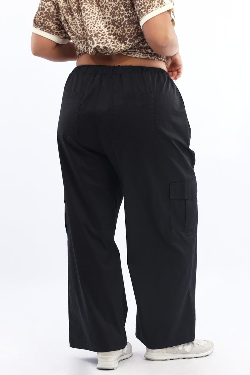 Black Elastic Waist Wide Leg Cotton Blend Cargo Pants for YouandAll Fashion