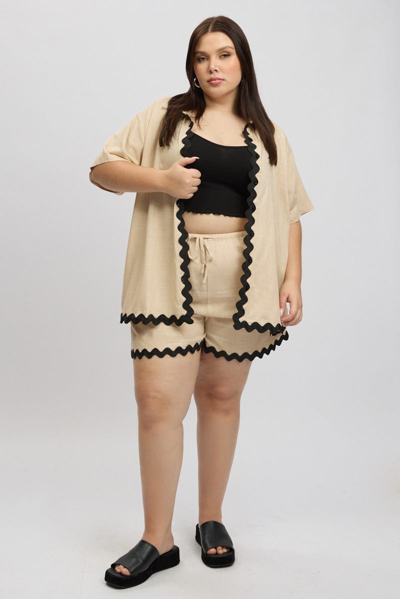 Beige Ric Rac Trim Linen Blend Shorts for YouandAll Fashion