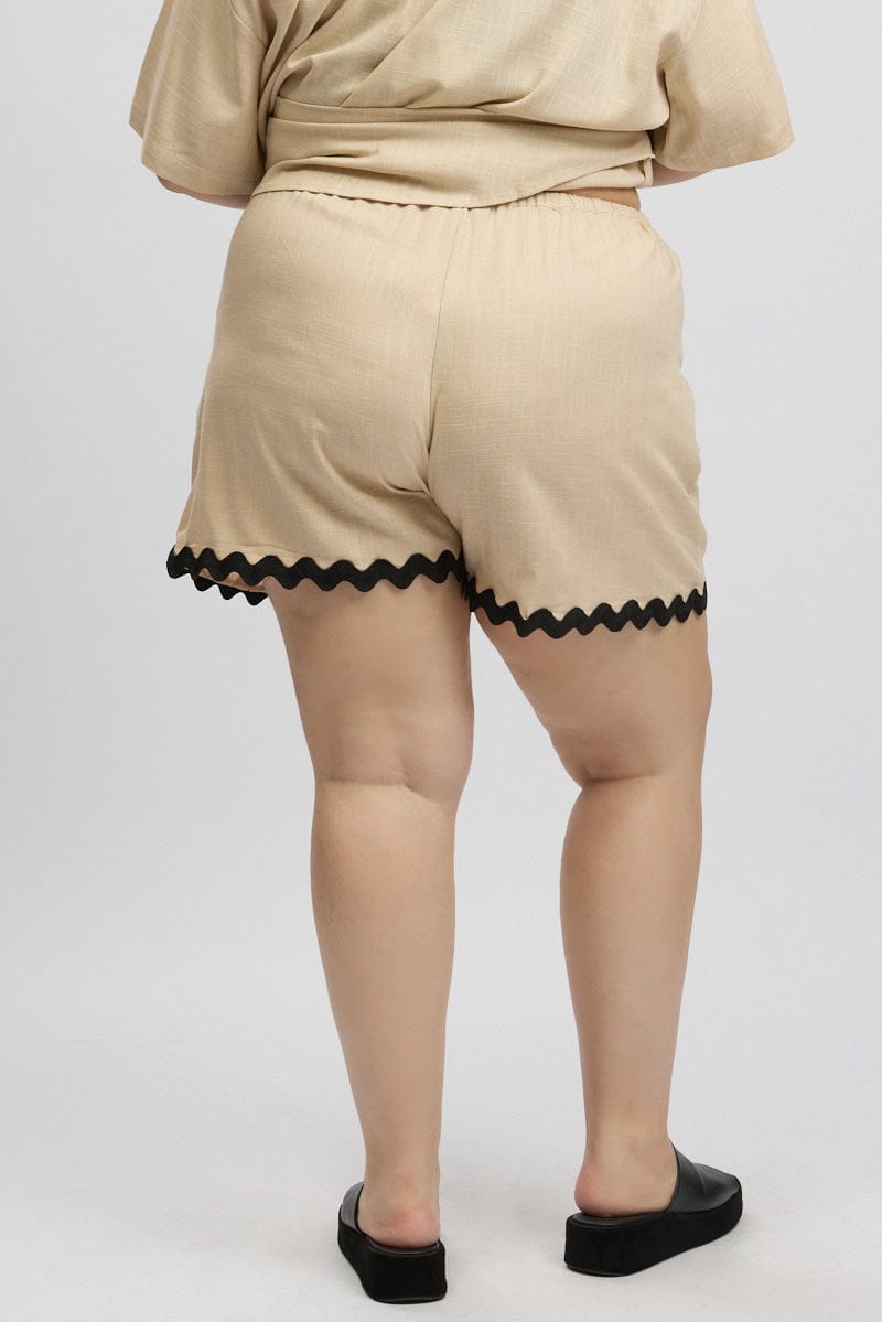 Beige Ric Rac Trim Linen Blend Shorts for YouandAll Fashion