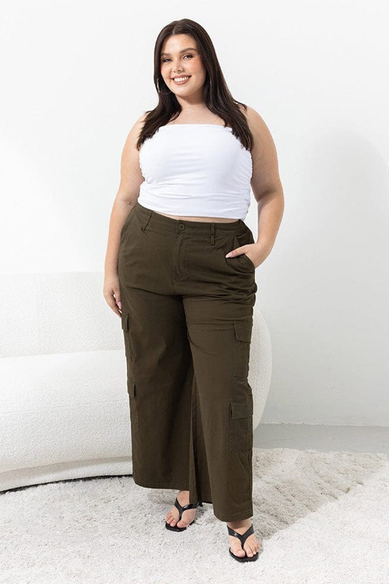 Green Cotton Blend Elastic Waist Wide Leg Cargo Pants for YouandAll Fashion