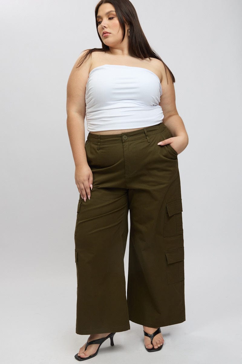 Green Cotton Blend Elastic Waist Wide Leg Cargo Pants for YouandAll Fashion
