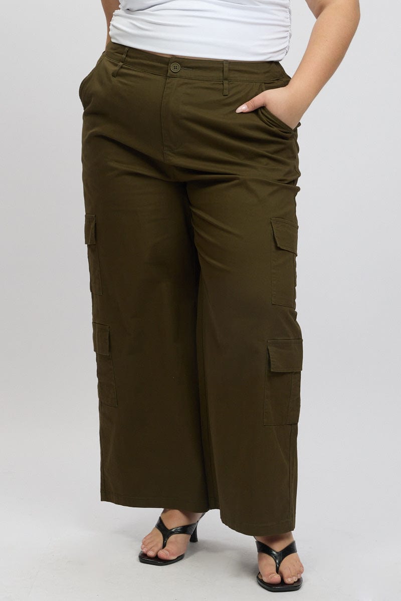 Green Cotton Blend Elastic Waist Wide Leg Cargo Pants for YouandAll Fashion