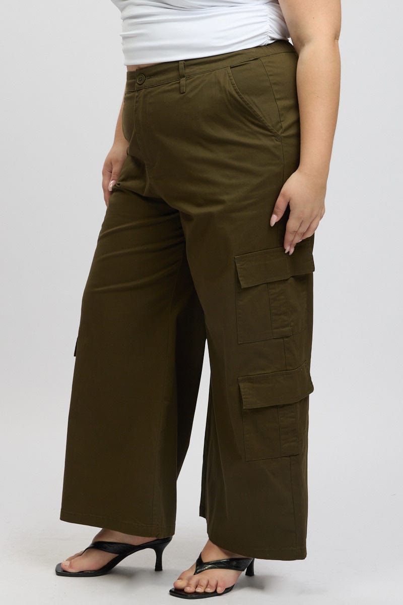 Green Cotton Blend Elastic Waist Wide Leg Cargo Pants for YouandAll Fashion