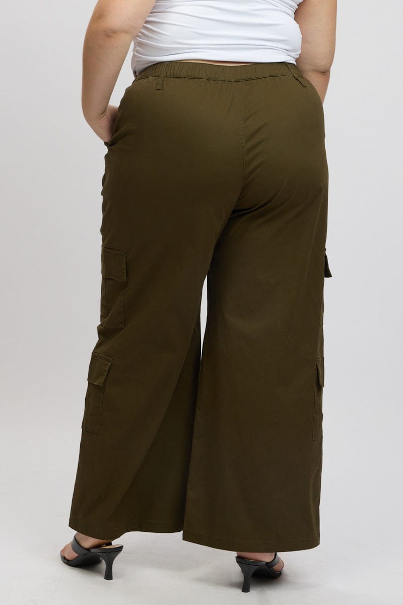 Green Cotton Blend Elastic Waist Wide Leg Cargo Pants for YouandAll Fashion