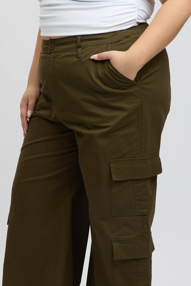 Green Cotton Blend Elastic Waist Wide Leg Cargo Pants for YouandAll Fashion