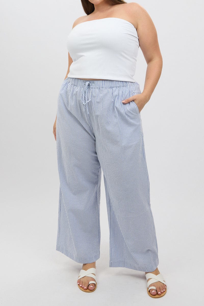 Blue Stripe Stripe Elastic Waist Wide Leg Pants for YouandAll Fashion