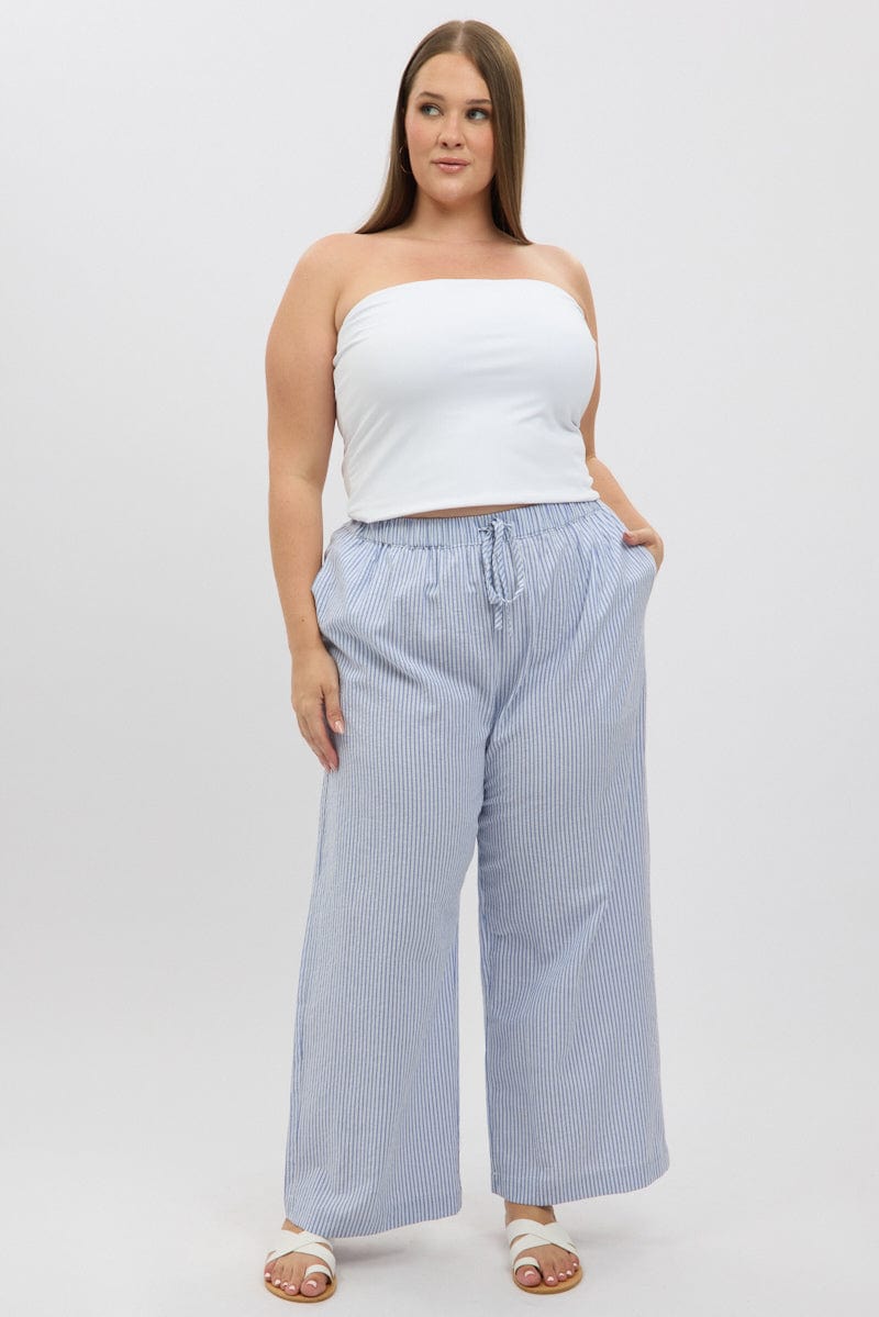 Blue Stripe Stripe Elastic Waist Wide Leg Pants for YouandAll Fashion