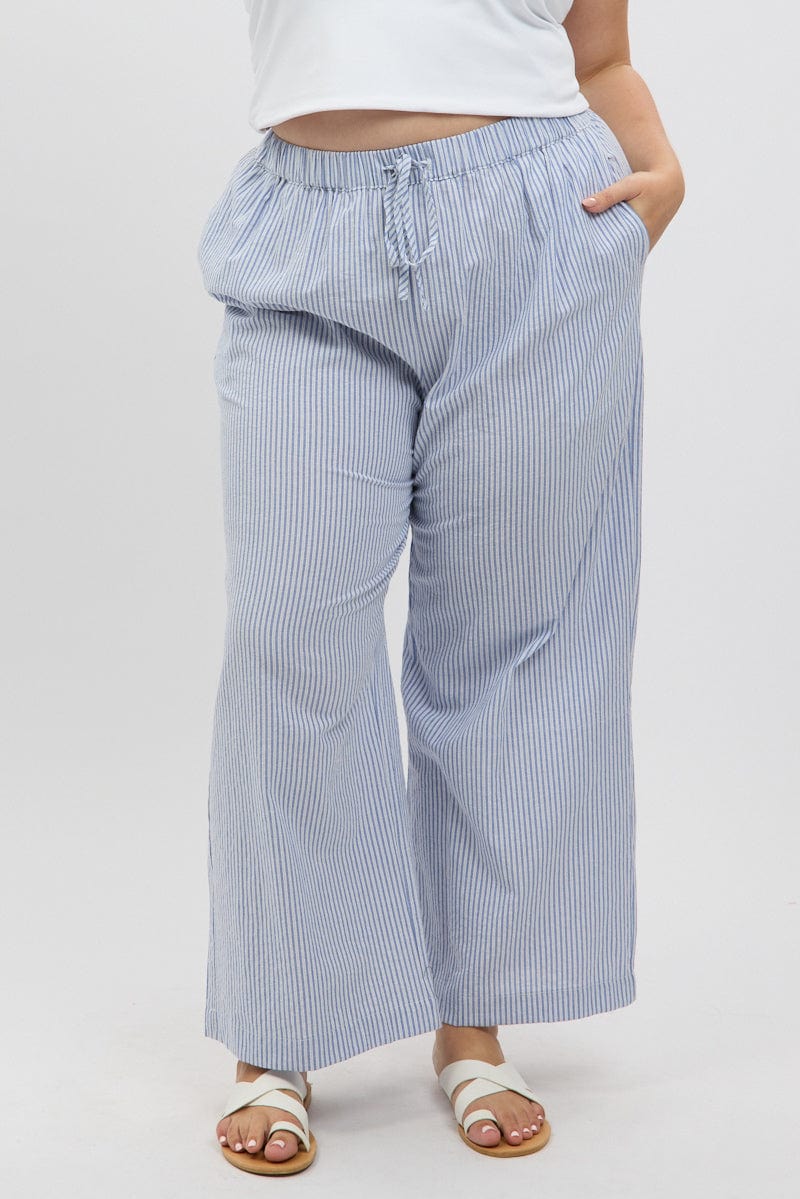 Blue Stripe Stripe Elastic Waist Wide Leg Pants for YouandAll Fashion