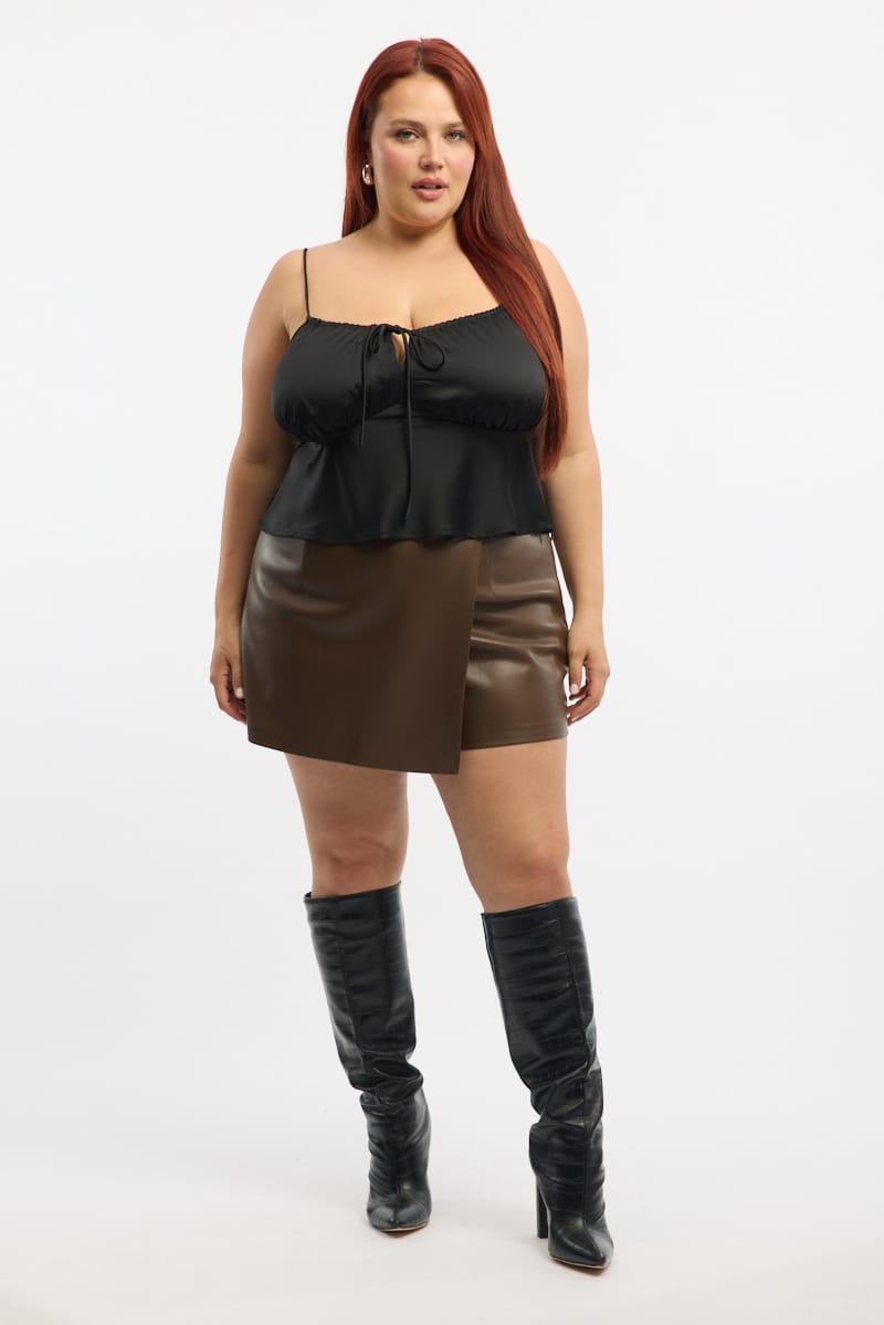 Brown Faux Leather Wrap Skort Shorts for YouandAll Fashion