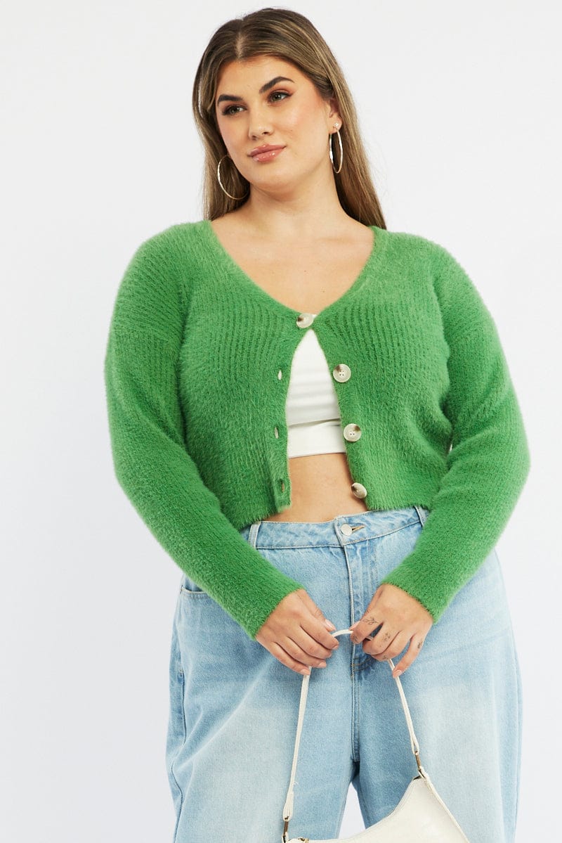 Green Cardigan Long Sleeve Fluffy Semi Crop Knit for YouandAll Fashion