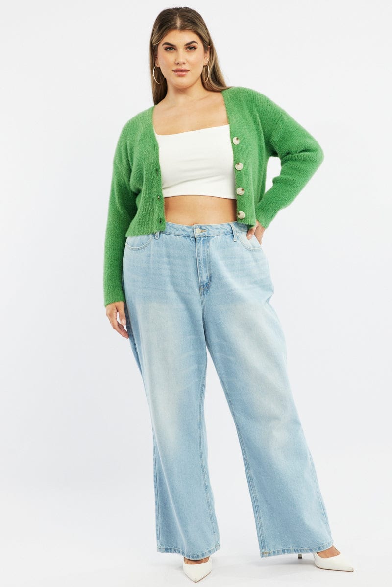 Green Cardigan Long Sleeve Fluffy Semi Crop Knit for YouandAll Fashion