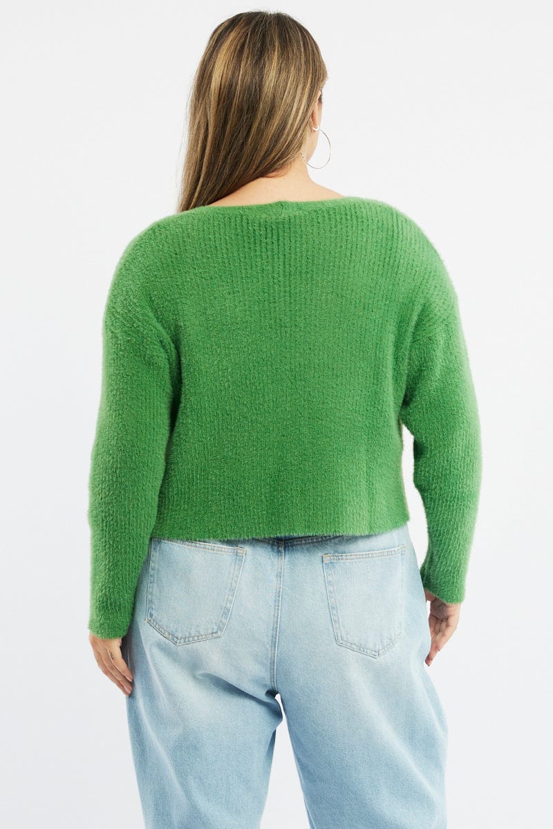 Green Cardigan Long Sleeve Fluffy Semi Crop Knit for YouandAll Fashion