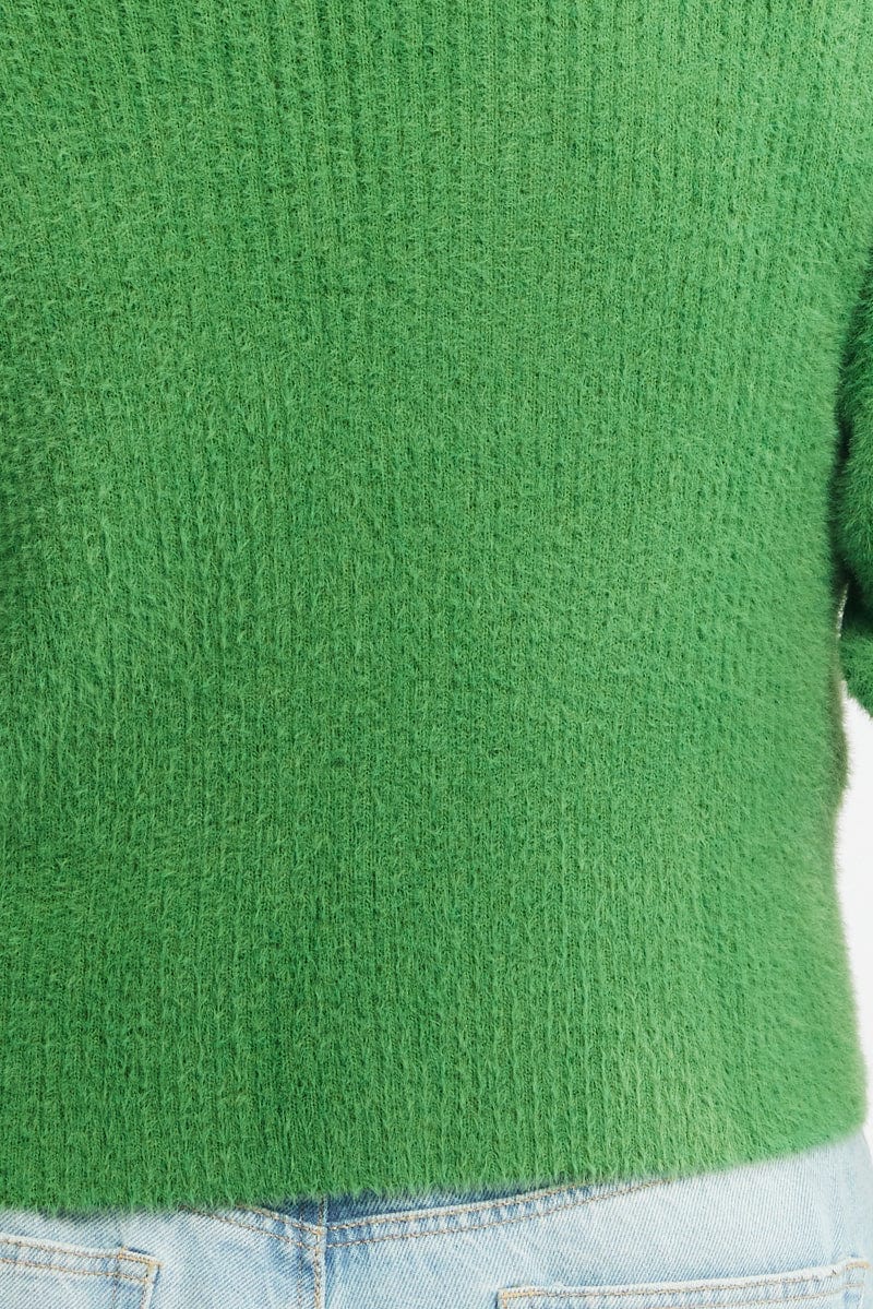 Green Cardigan Long Sleeve Fluffy Semi Crop Knit for YouandAll Fashion