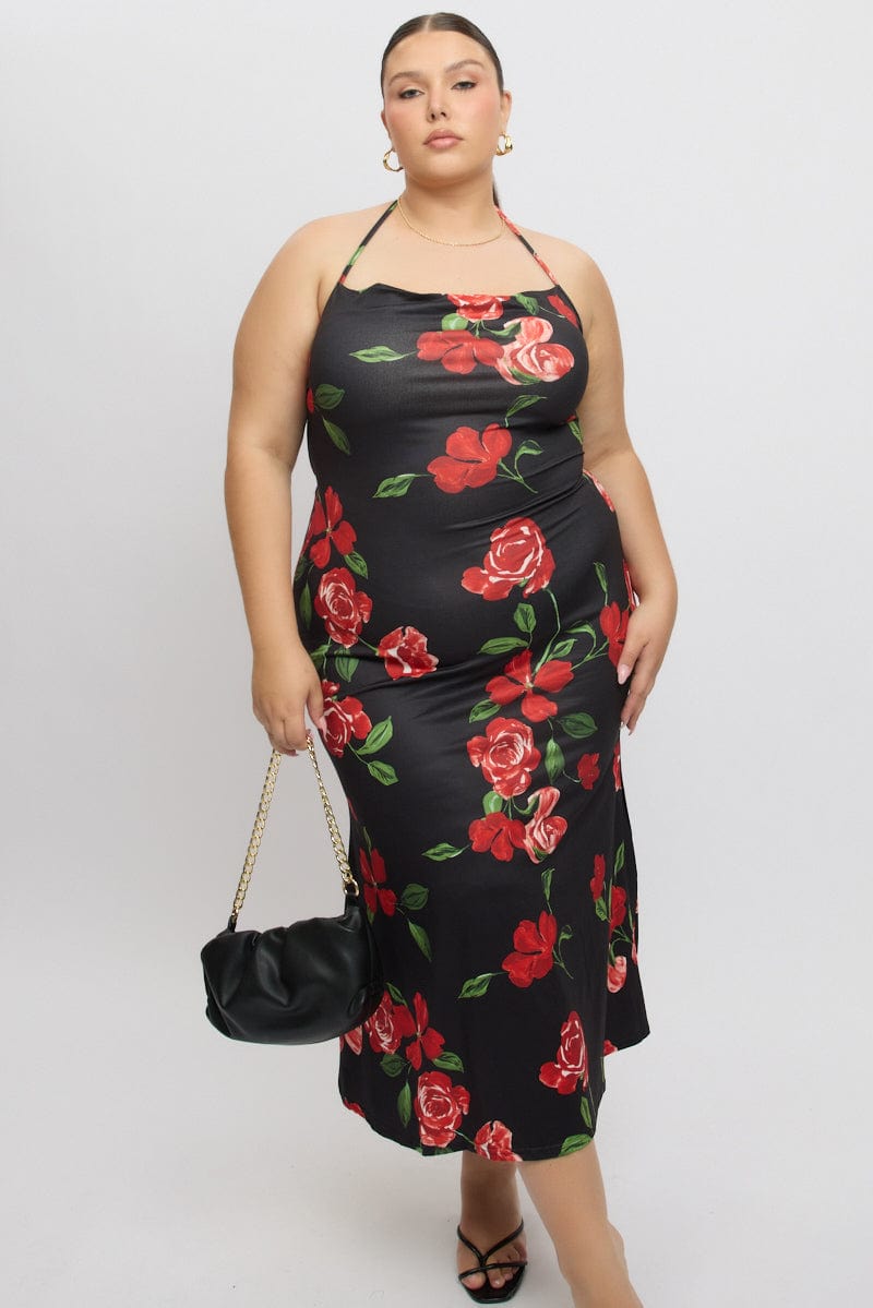 Black Floral Jersey Halter Bodycon Maxidress for YouandAll Fashion
