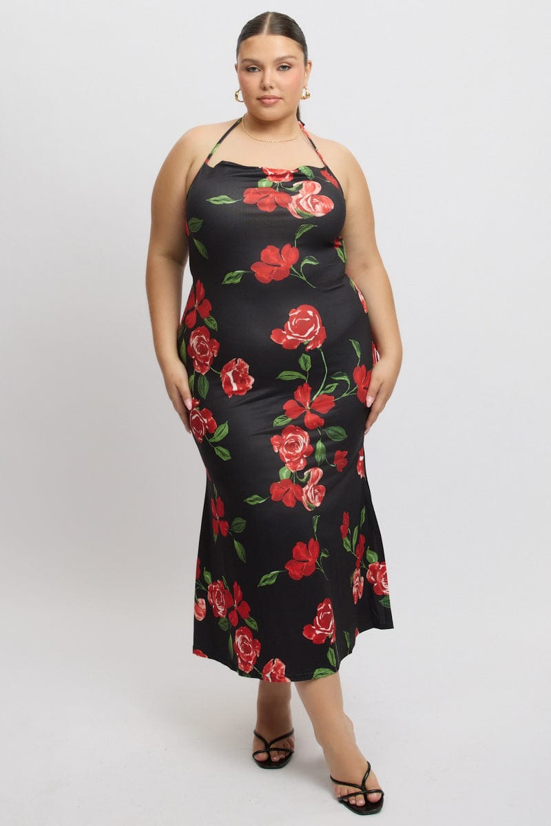 Black Floral Jersey Halter Bodycon Maxidress for YouandAll Fashion