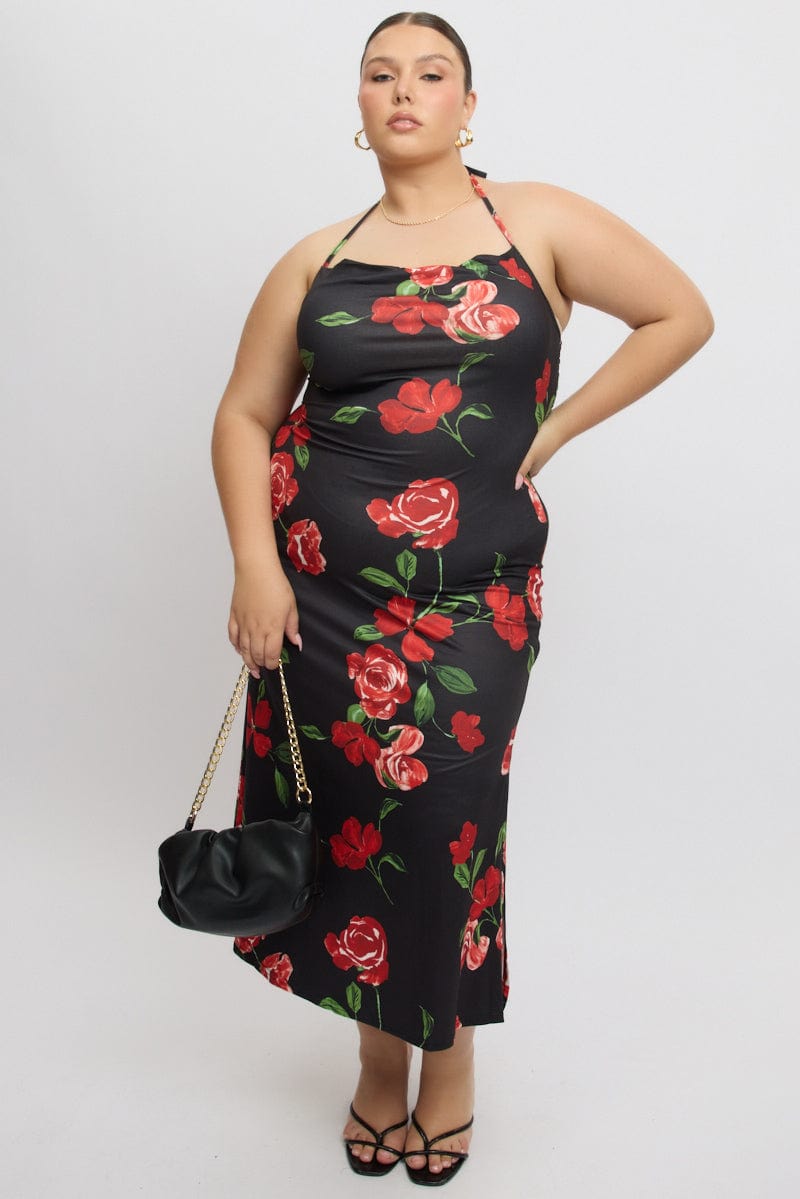 Black Floral Jersey Halter Bodycon Maxidress for YouandAll Fashion