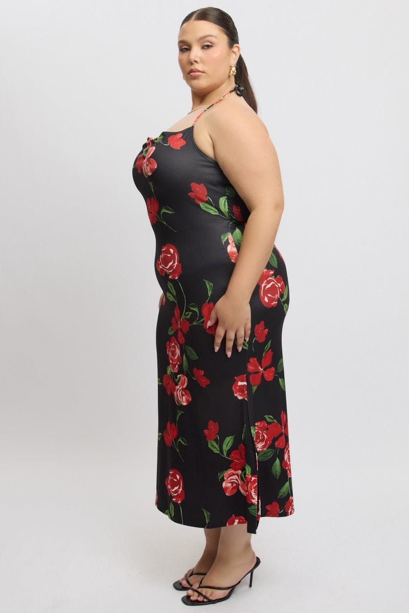 Black Floral Jersey Halter Bodycon Maxidress for YouandAll Fashion