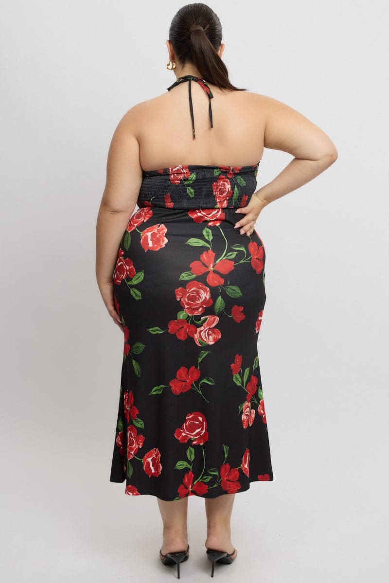 Black Floral Jersey Halter Bodycon Maxidress for YouandAll Fashion