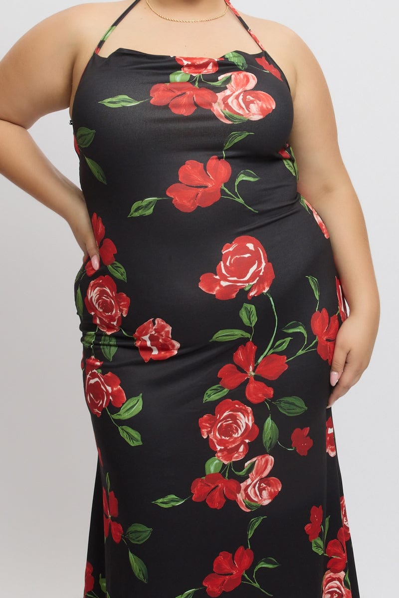 Black Floral Jersey Halter Bodycon Maxidress for YouandAll Fashion