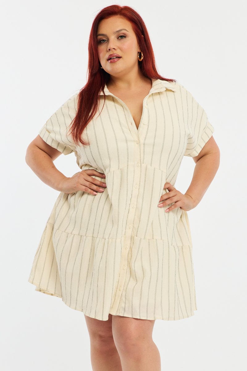 White Stripe Shirt Dress Short Sleeve Textured for YouandAll Fashion