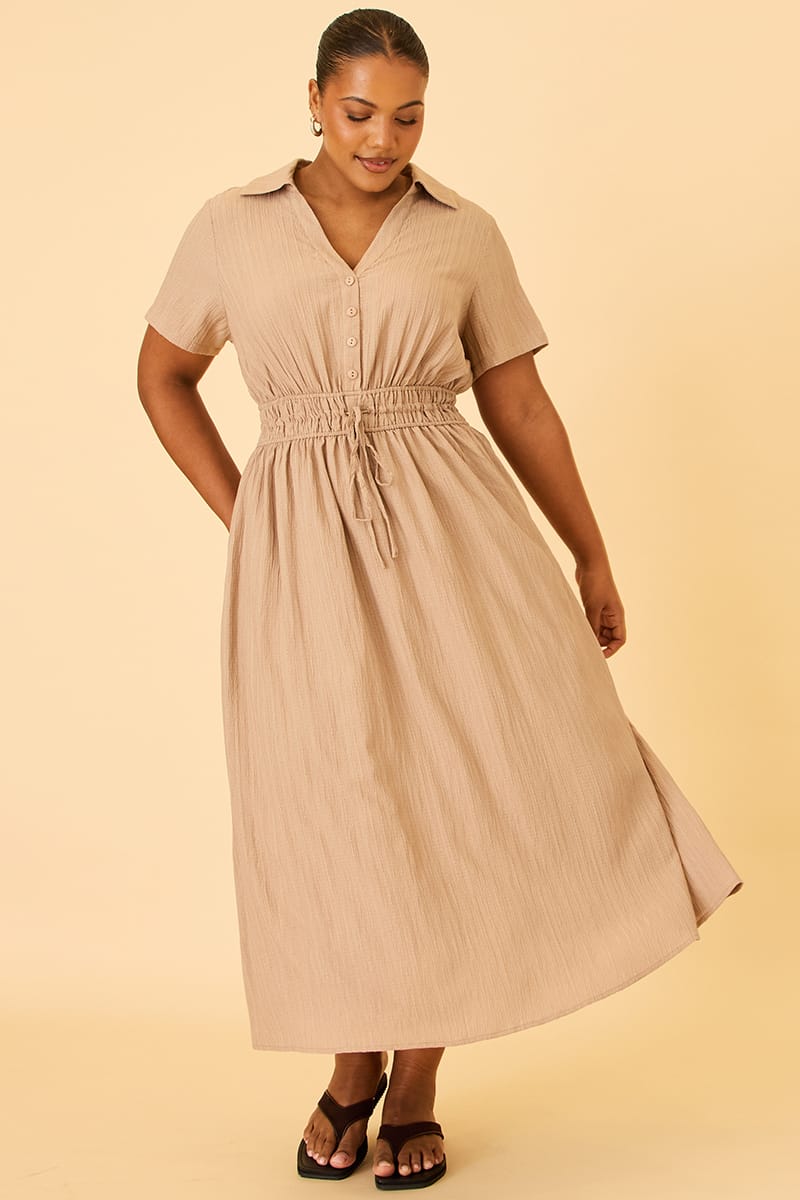Beige Shirt Midi Dress Short Sleeve for YouandAll Fashion